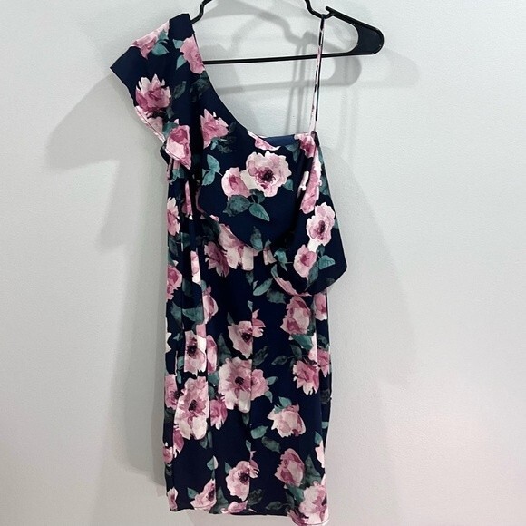 Molly Green one shoulder ruffle navy and pink floral dress w/ pockets size large - Picture 3 of 5